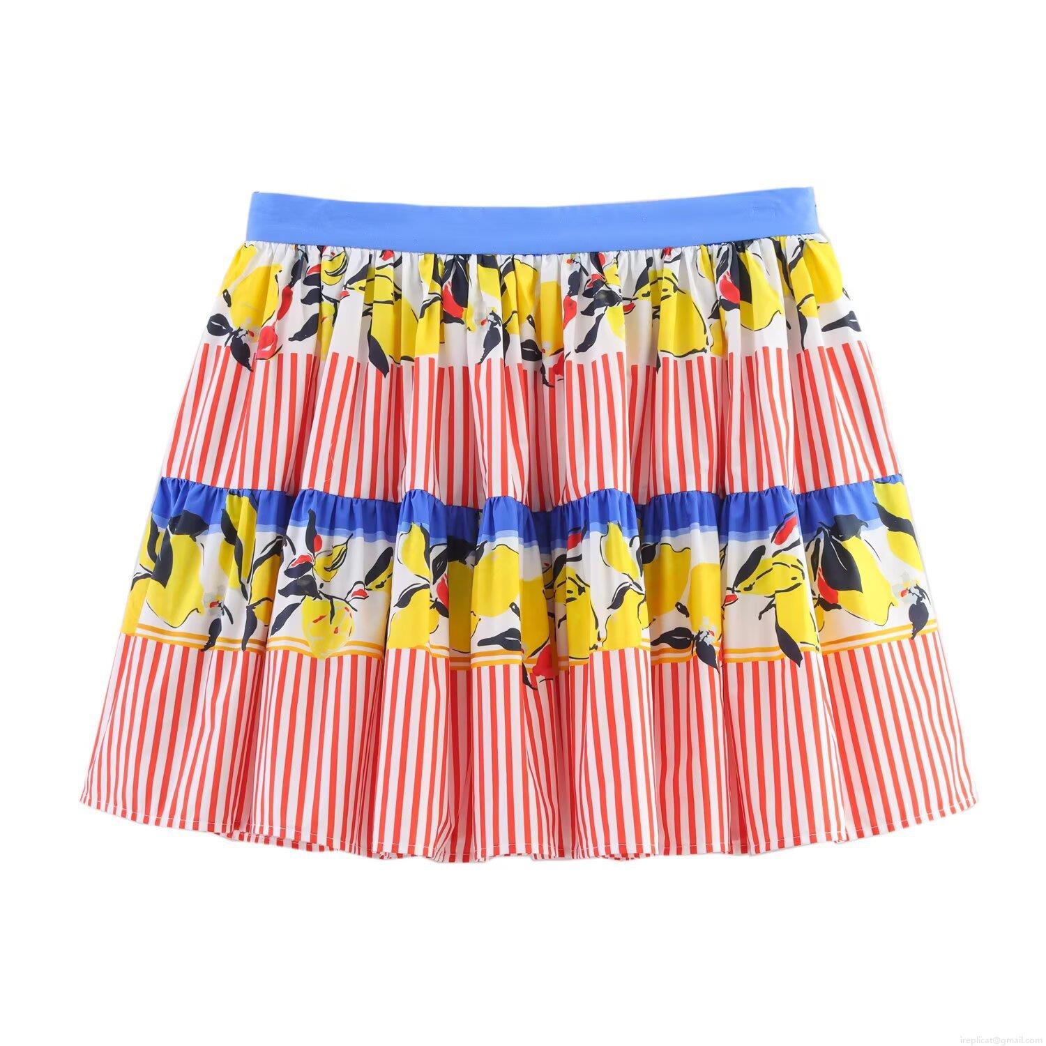 Women Summer Lemon Print Tiered Mini Skirt Sexy High Waist Red White Striped A-Line Ruffle Cake Skirt Casual Boho Beach Party Short Skirts