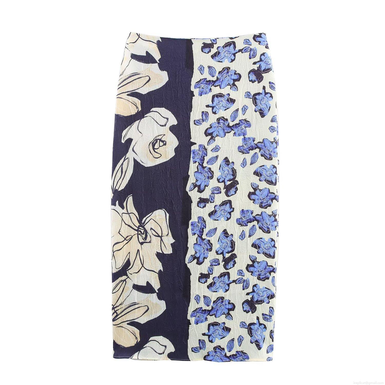 Women's Casual Satin Texture Floral Print Patchwork Midi Skirt High Waist Bodycon Crinkle Fabric Pencil Skirt Streetwear Party Skirt