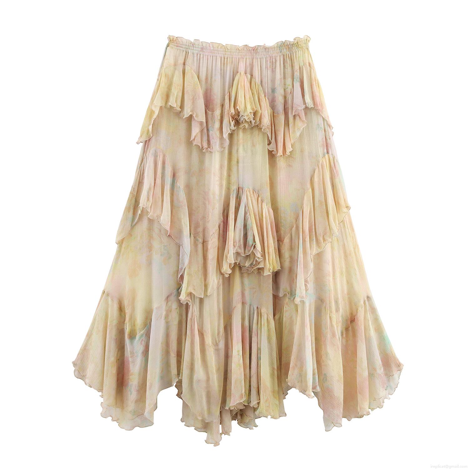 Women's High Waist Floral Print Tiered Midi Skirt Ruffle Chiffon Layered A-Line Bohemian Summer Beach Vacation Elastic Waist Flowy Skirt