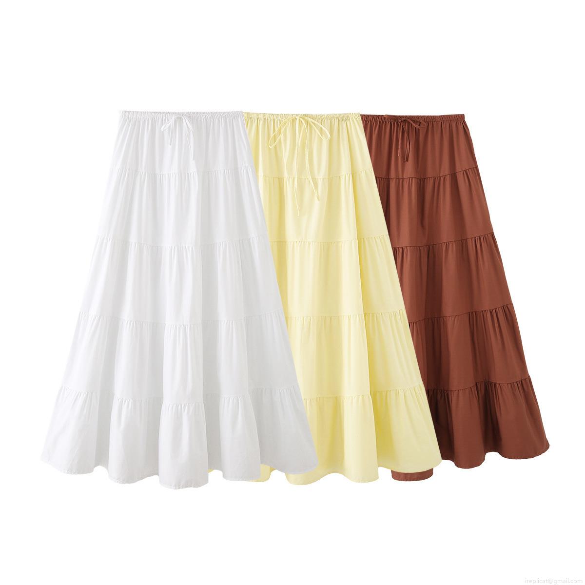 Women's 100% Cotton Tiered Maxi Skirt Minimalist Layered A-Line Long Skirt With Elastic Drawstring Waist Casual Vacation Beach Streetwear Skirt