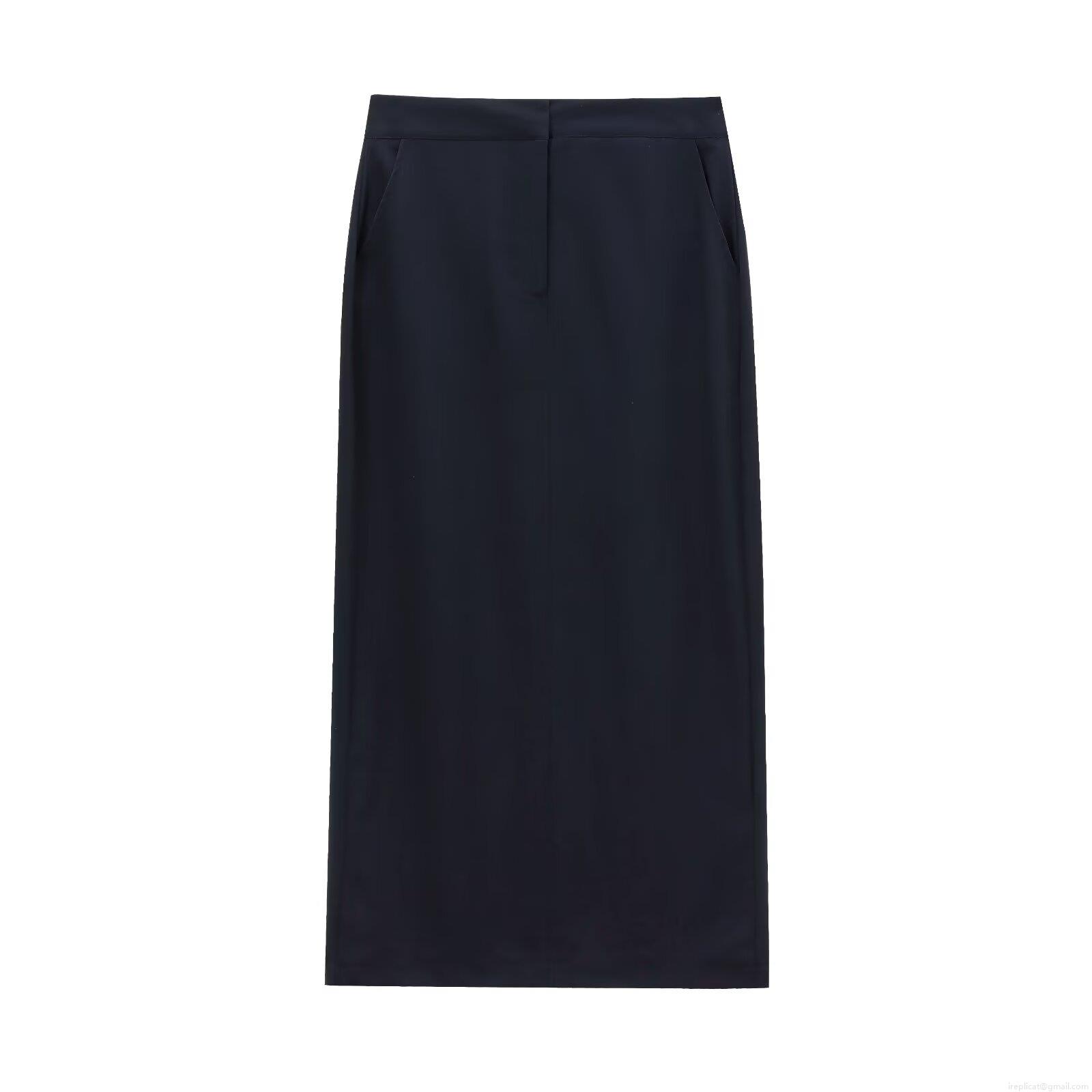 Women's High Waist Straight Midi Skirt TR Twill Woven Office Pencil Skirt With Back Slit Solid Black Elegant Business Commuting Skirt For Women
