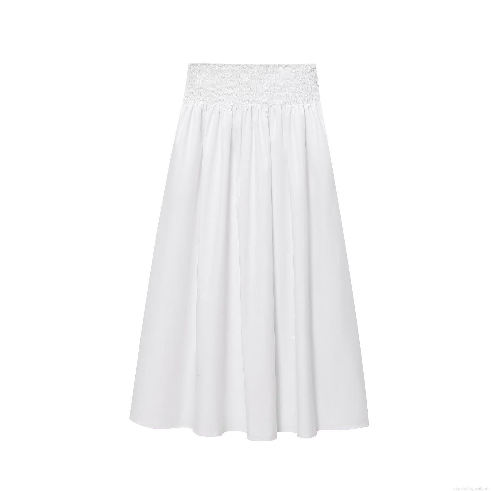 Women's Casual Solid White Poplin Midi Skirt Elastic High Waist Smocked A-Line Maxi Skirt For Streetwear Vacation