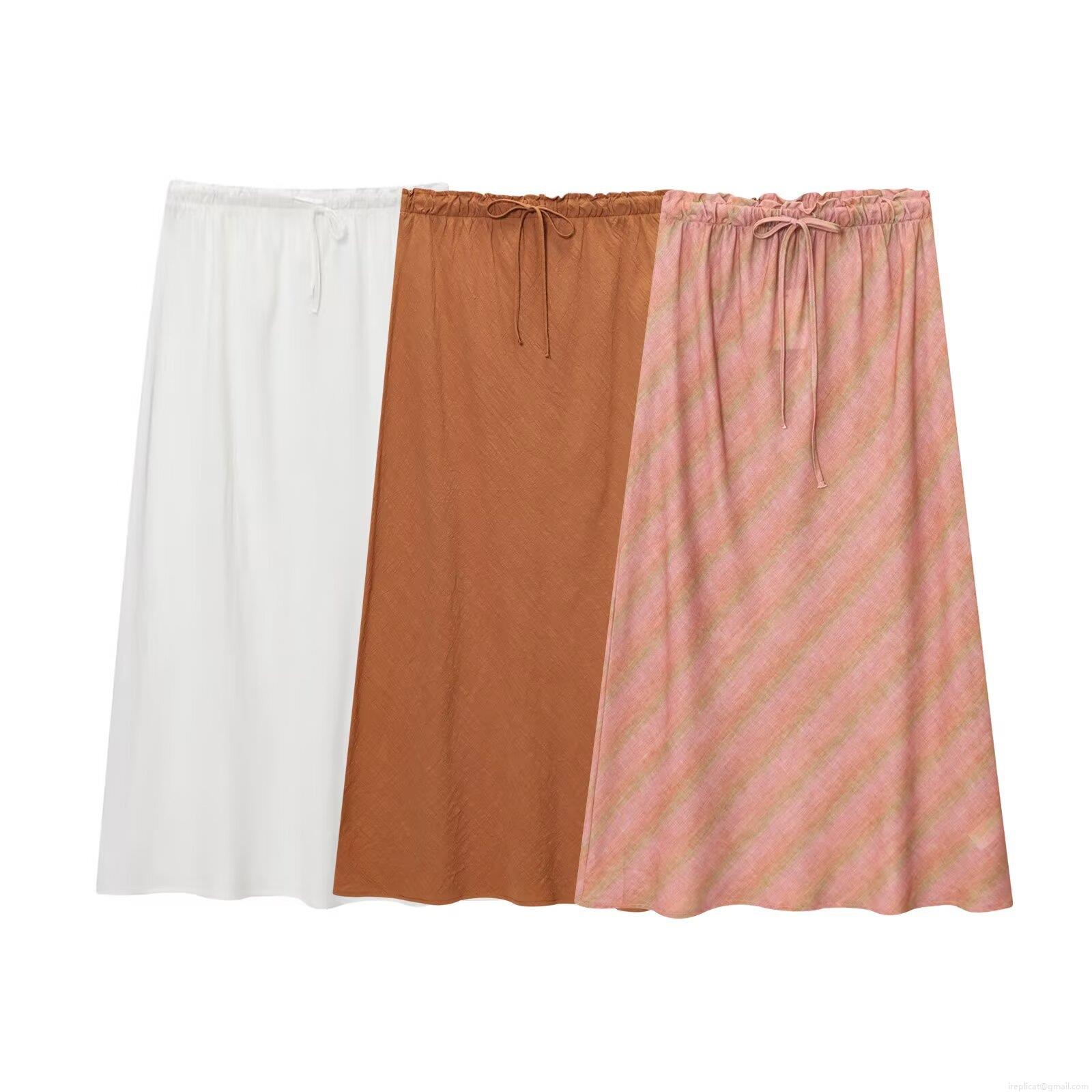Women's Slub Polyester Linen Midi Skirt Elastic Waist Drawstring A-Line Solid Color Striped Summer Vacation Skirts For Women Streetwear Casual Bottoms
