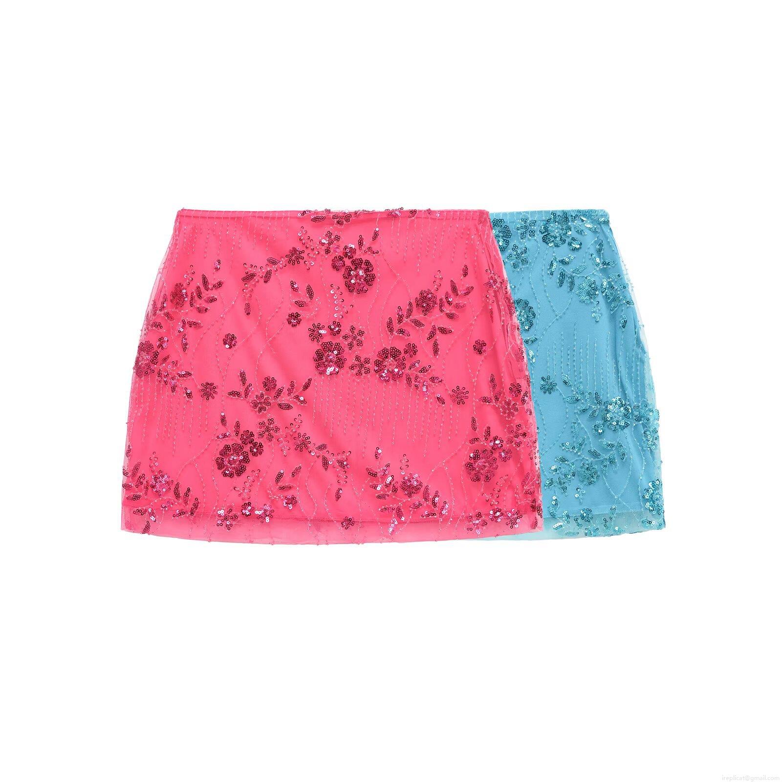Women's Sexy Sequin Embroidery Mini Skirt Mesh Tulle Bodycon Party Night Clubwear Short Skirt Sky Blue Rose Pink Polyester Bottoms