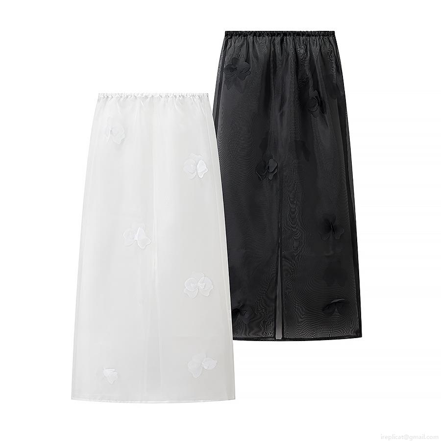 Women's Mesh Midi Skirt With 3D Floral Appliques High Waist Elastic Slit Long Skirt Elegant Sexy See-Through Skirt For Party Streetwear