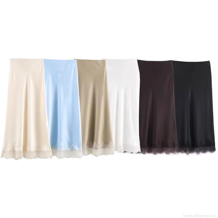 Women's Satin Midi Skirt With Lace Trim High Waist Silky Straight A-Line Skirt Elegant Streetwear Party Dating Solid Color Midi Skirts For Ladies