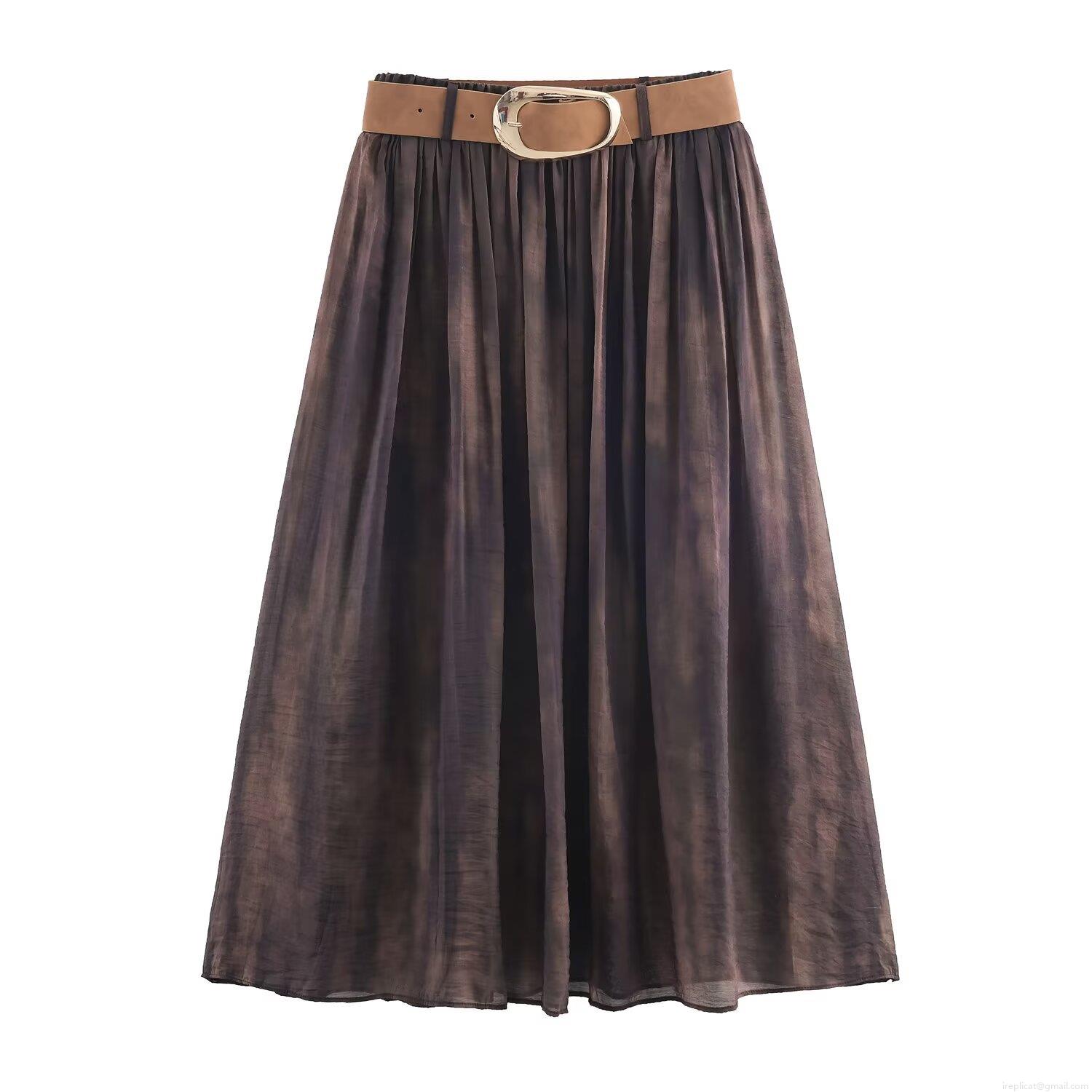 Women's Blurred Print Midi Skirt High Waist Pleated A-Line Straight Skirt With Brown PU Belt Metal Buckle Sexy Gradient Chiffon Polyester Skirt For Streetwear Party Spring Autumn Fashion