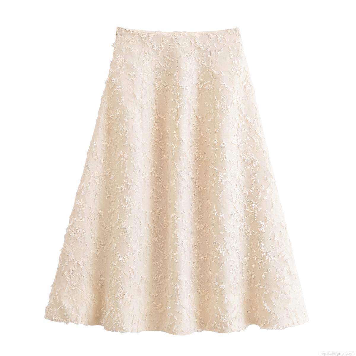 Women Off-white Fringe Midi Skirt High Waist A-line Umbrella Skirt Elegant Feather Texture Polyester Skirt For Party Dating Daily Lady Elegant Bottoms