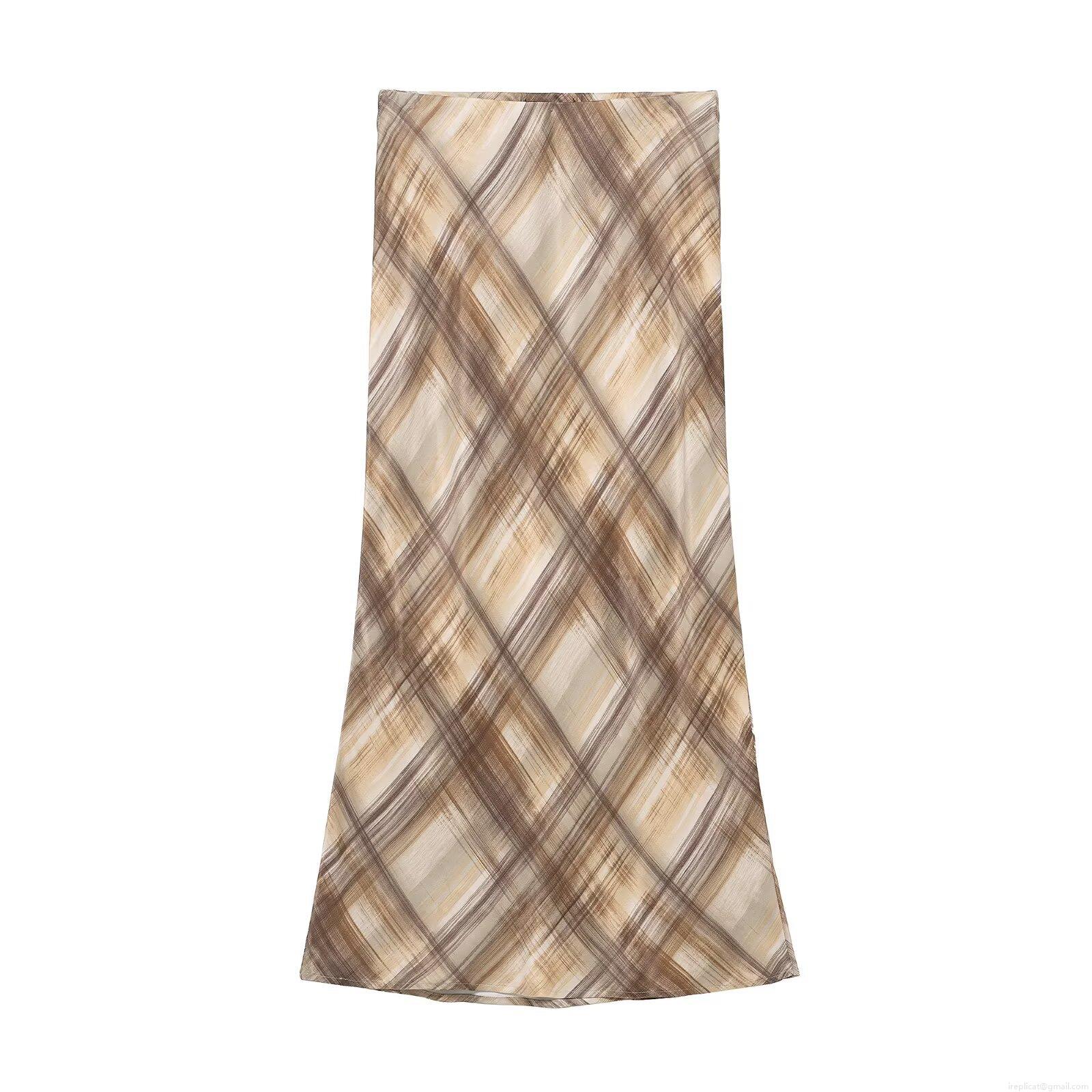 Women's Plaid Midi Skirt Satin Texture Polyester High Waist A-Line Straight Skirt Street Casual Party Dating Sexy Trendy European Style Skirt For Women Brown Beige