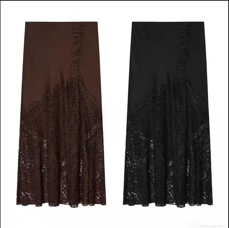 Women's Sexy Satin Midi Skirt Lace Patchwork High Waist Side Zipper Elegant Streetwear Solid Color Long Skirt For Women Party Date Office Daily Wear