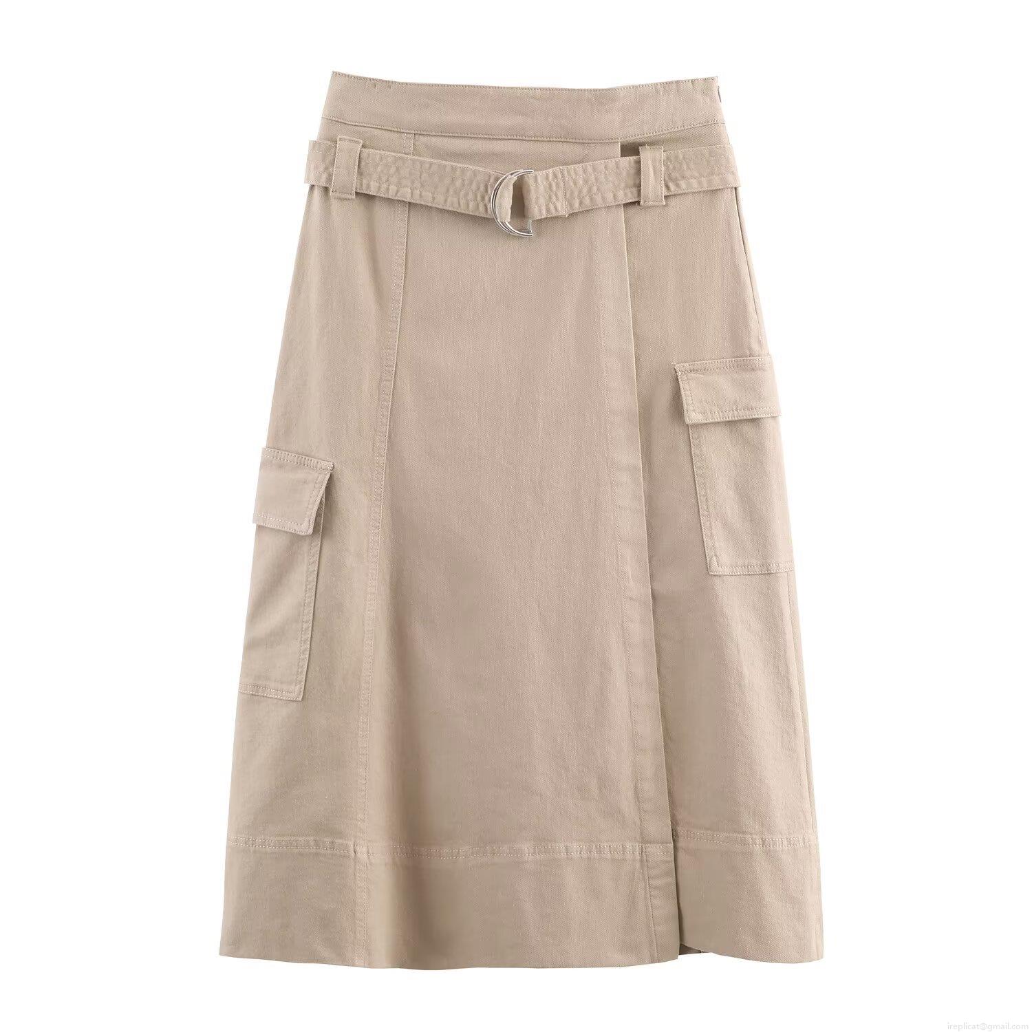 Women's High Waist Cargo Midi Skirt With Belt Solid Color Khaki Utility Straight Skirt Large Pockets Casual Streetwear Fashion
