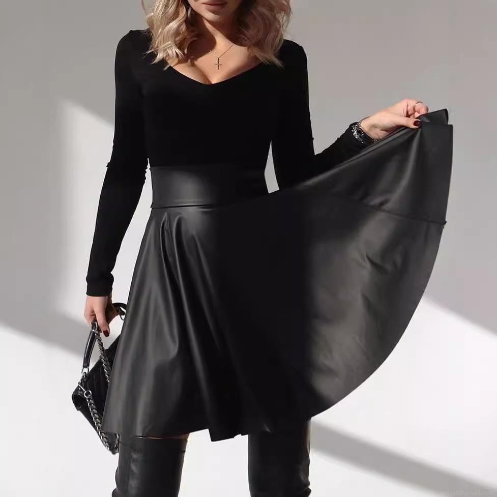 High Waist PU Leather Pleated Mini Skirt For Women Autumn Winter Fashion Solid Color A-Line Umbrella Short Skirt Streetwear