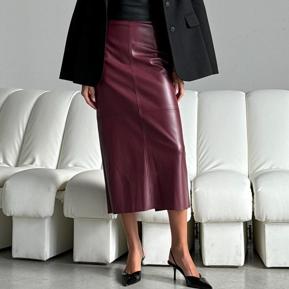 Women's High Waist PU Leather Midi Skirt Sexy Slim Fit Side Slit Pencil Skirt Office Lady Streetwear Faux Leather Bodycon Skirt
