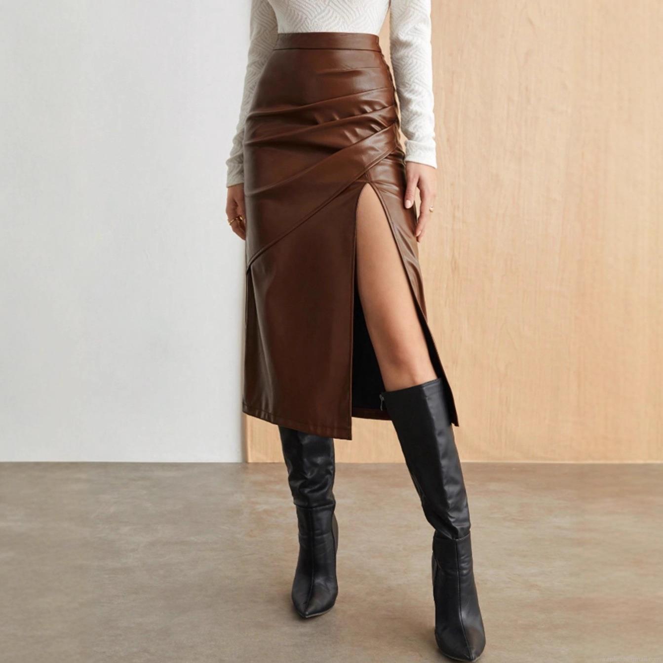 Women's High Waist PU Leather Midi Skirt With Side Slit And Pleated Detail Slim Fit Solid Color Pencil Skirt For Work Casual Party Office Lady