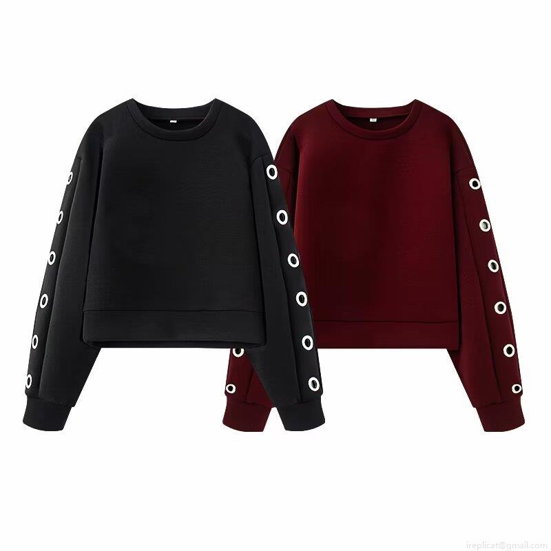 Women Crewneck Sweatshirt Polyester Scuba Fabric Effect Metal Eyelet Grommet Detail Long Sleeve Casual Loose Streetwear Fashion Top