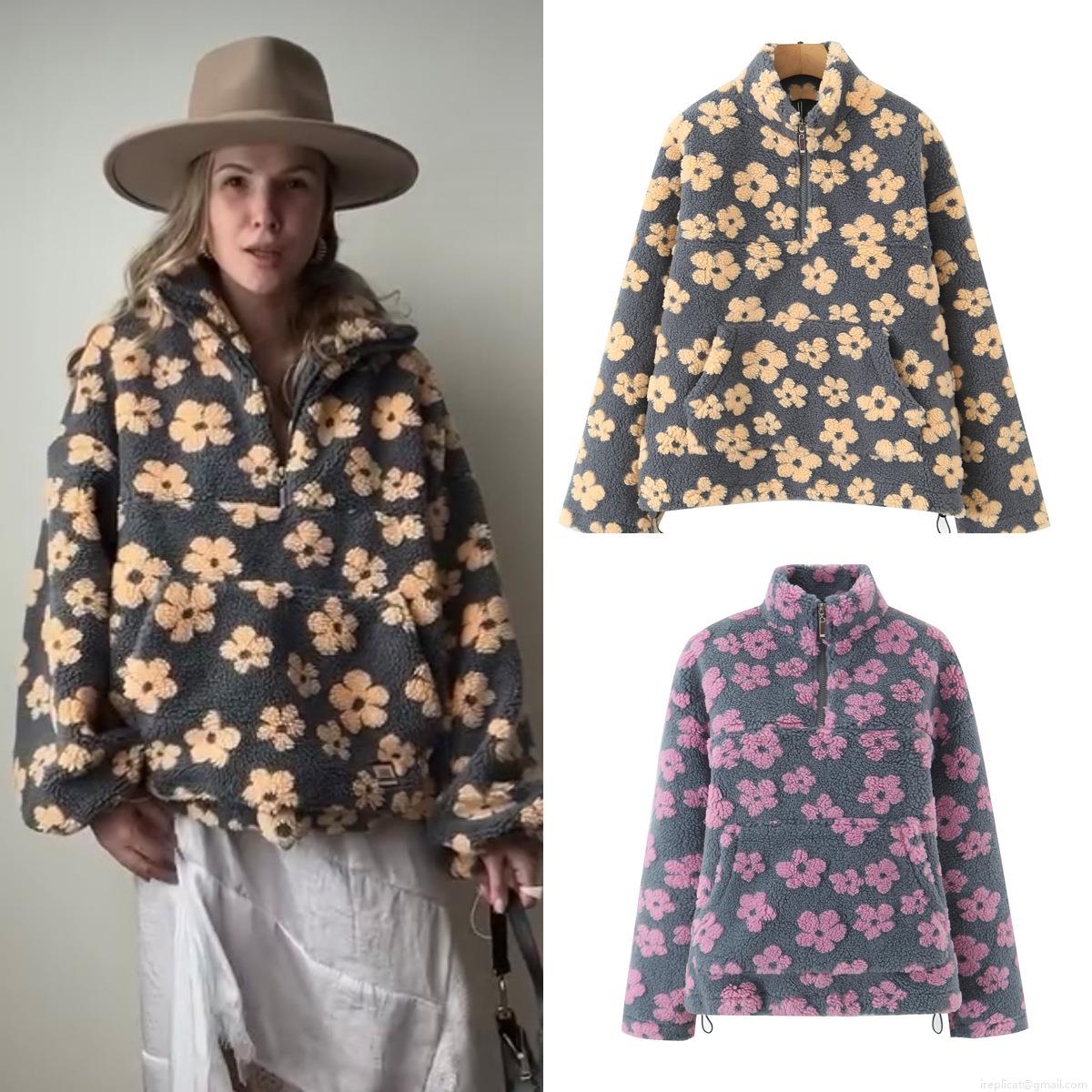 Women's Floral Print Sherpa Fleece Sweatshirt Half Zip Stand Collar Loose Pullover Hoodie With Kangaroo Pocket Casual Winter Streetwear Top