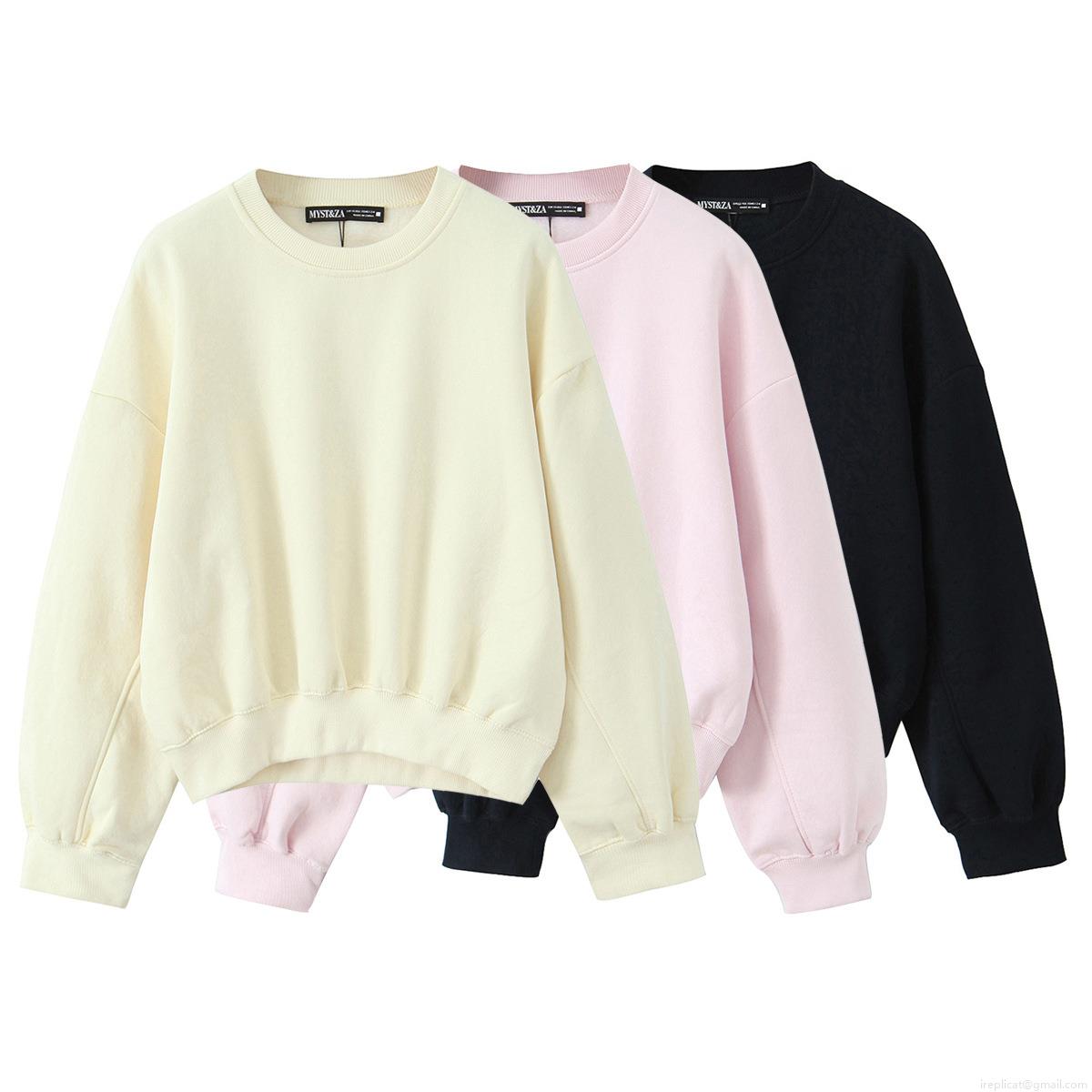 Women's Round Neck Long Sleeve Sweatshirt Casual Solid Color Ribbed Cuffs Loose Fit Drop Shoulder Pullover Top Cotton Blend Streetwear For Women