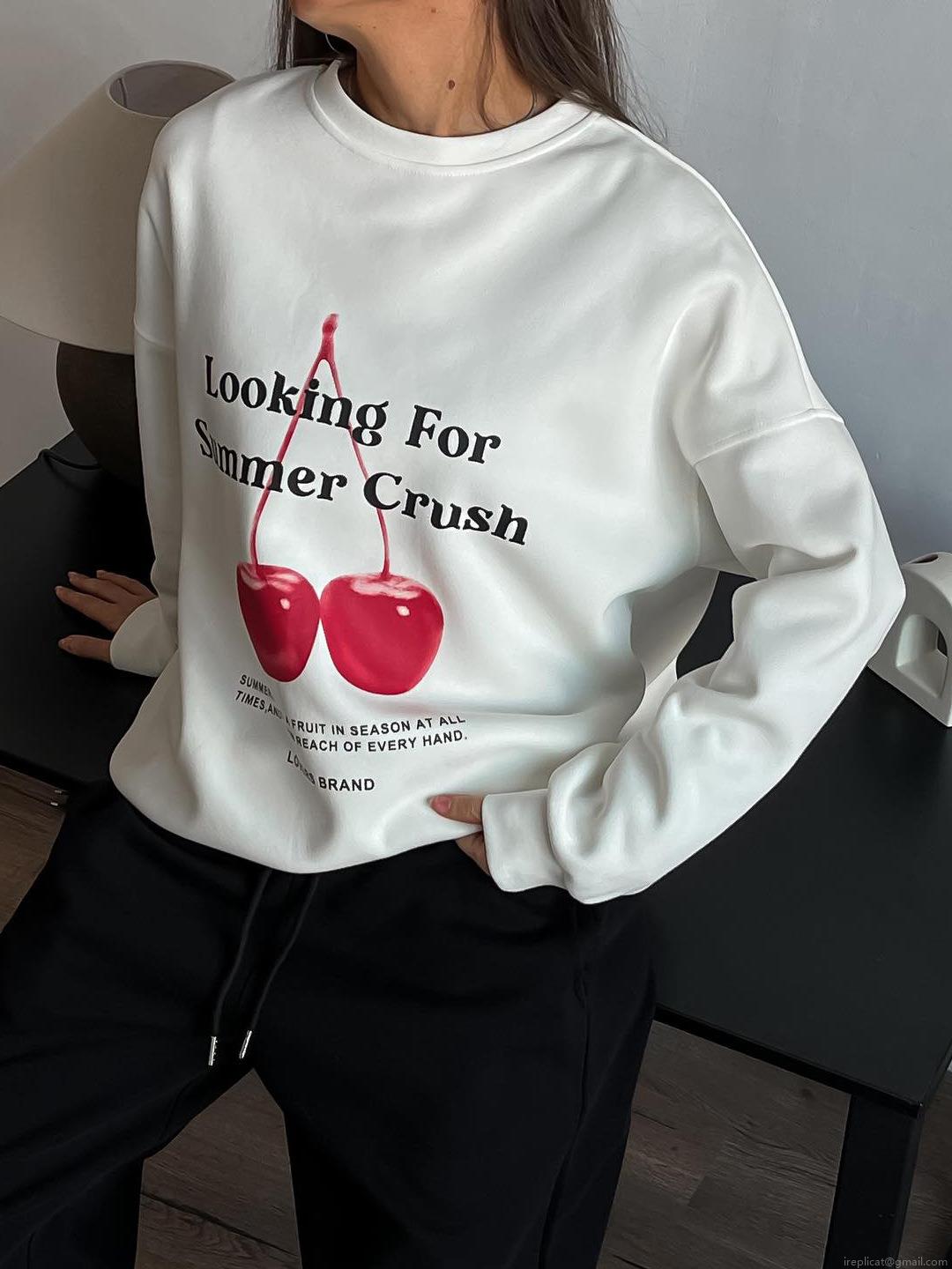 Women's Cherry Print Sweatshirt Cotton Blend Casual Loose Crewneck Long Sleeve Pullover Streetwear Fashion Top