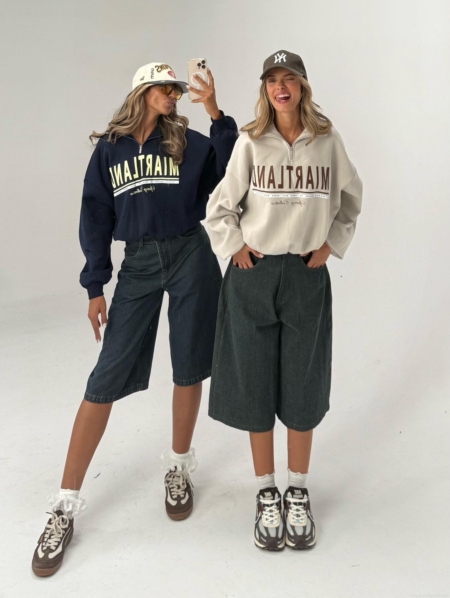 Women's Vintage Maryland Letter Print Half Zip Sweatshirt 100% Cotton Oversized Long Sleeve Pullover Autumn Winter Casual High Street Trendy Top