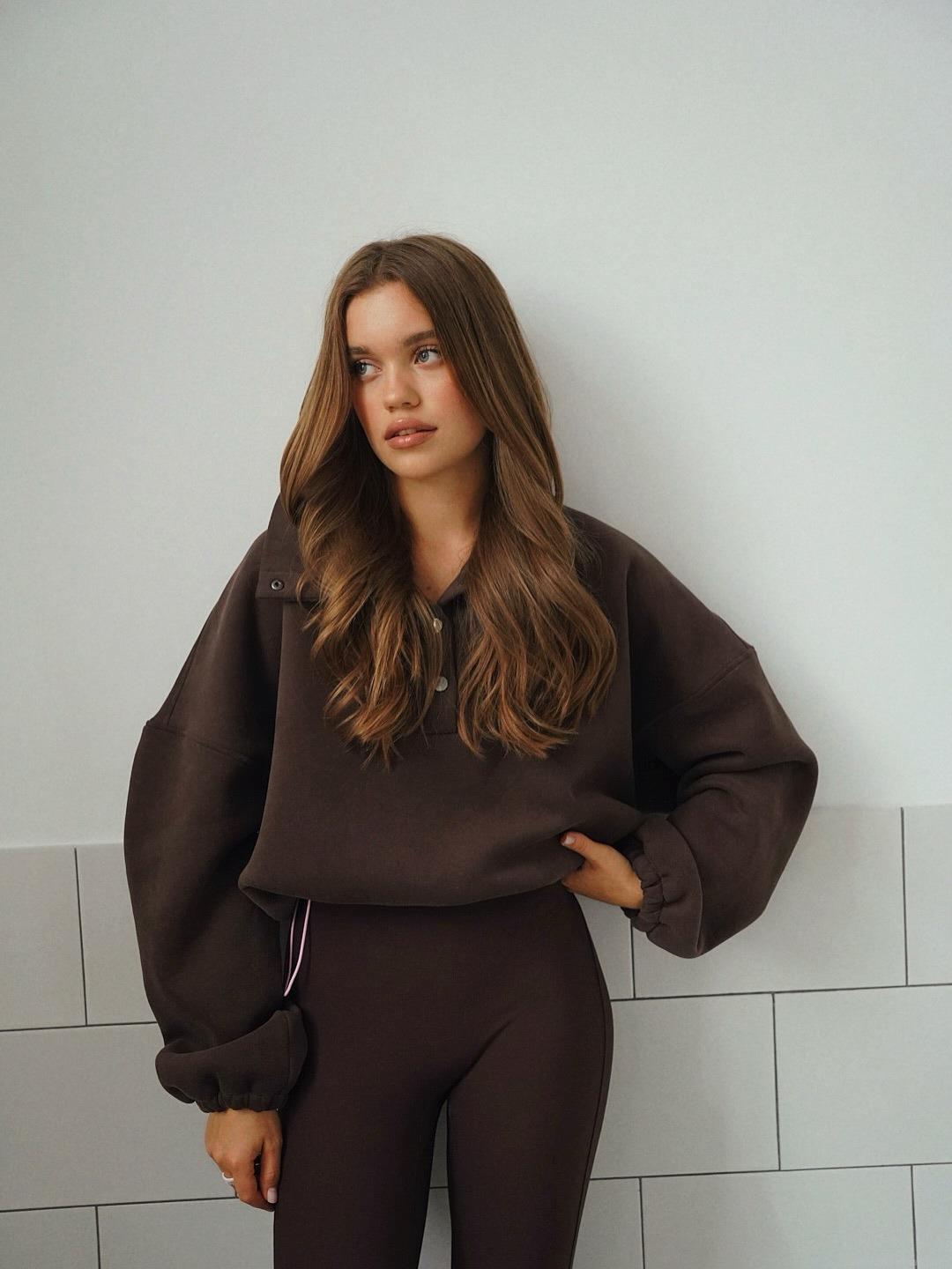 Women's Oversized Sweatshirt 100% Cotton POLO Collar Vintage American Style Back Letter Embroidery Chocolate Brown Long Sleeve Drop Shoulder Casual Streetwear Autumn Winter Top